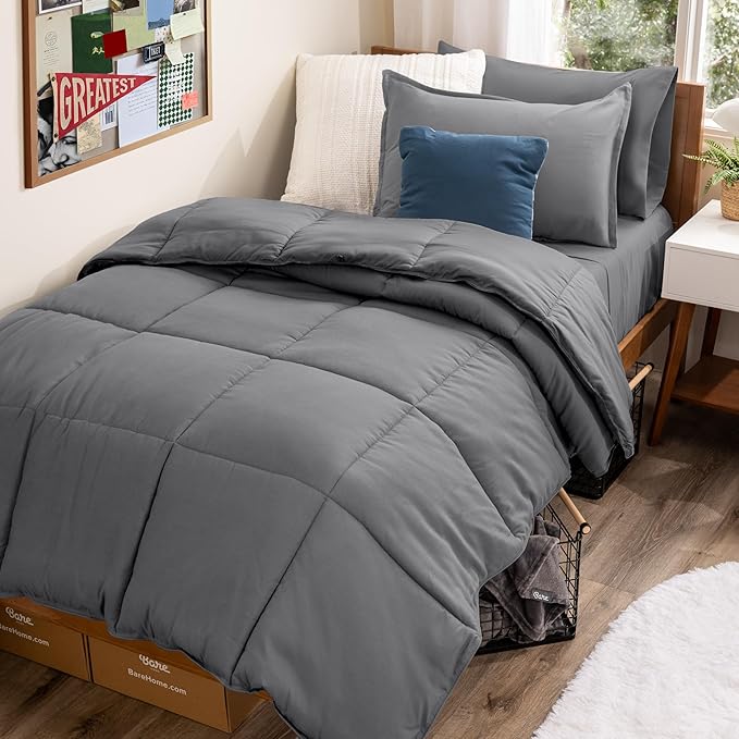 Bare Home Bed-in-A-Bag 5 Piece Comforter & Sheet Set - Twin XL - Goose Down Alternative - Ultra-Soft 1800 Premium Bedding Set (Twin XL, Grey/Grey)
