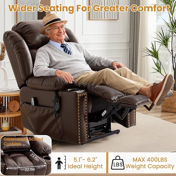 Oversized Power Lift Recliner Chair for Elderly Big and Tall, Dual Motor Heavy-Duty Lift Chair with Heat & Massage, Lay Flat Wide Recliner, USB-C, Cup Holders, Lumbar Pillow, PU Leather, Brown