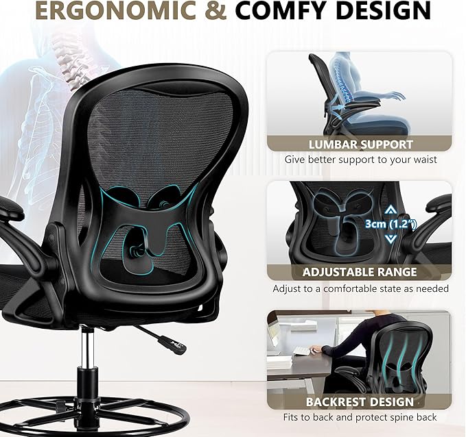 Winrise Drafting Chair, Tall Office Chair Ergonomic Standing Desk Chair, Lumbar Support Computer Chair Swivel Task Rolling Chair with Adjustable Flip-up Armrests Black Pack of 2