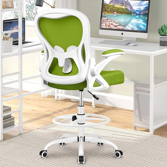 Winrise Ergonomic Drafting Chair with Lumbar Support - Adjustable Height Office Chair for Standing Desks, Flip-Up Armrests & Foot Ring (Green)