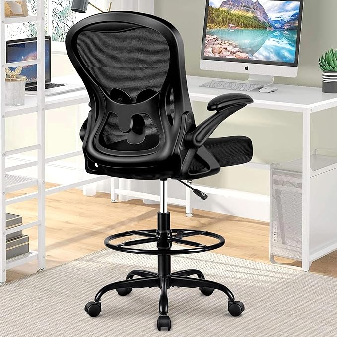 Winrise Drafting Chair, Tall Office Chair Ergonomic Standing Desk Chair, Lumbar Support Computer Chair Swivel Task Rolling Chair with Adjustable Flip-up Armrests Black Pack of 2