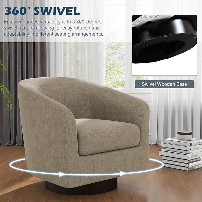 UIXE Swivel Barrel Accent Chairs Set of 2, Fabric Upholstered Armchair Modern Round Club Arm Chair for Living Room, Comfy Single Sofa Seating Bedroom Side Reading Seat for Home Office - Light Brown