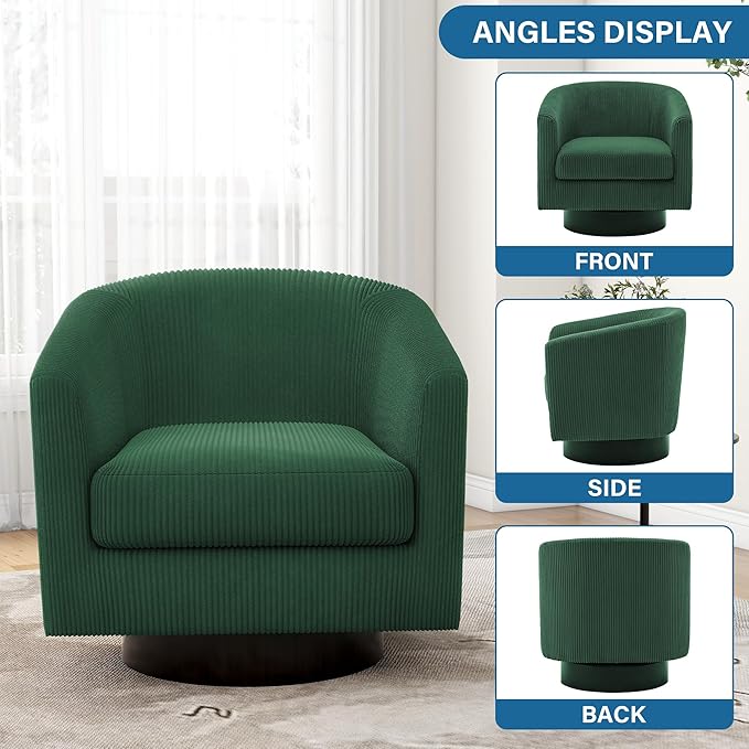 UIXE Swivel Accent Chairs Set of 2, Barrel Chair Corduroy Upholstered Armchair for Living Room, Small Single Sofa Bedroom Reading Seat - Dark Green