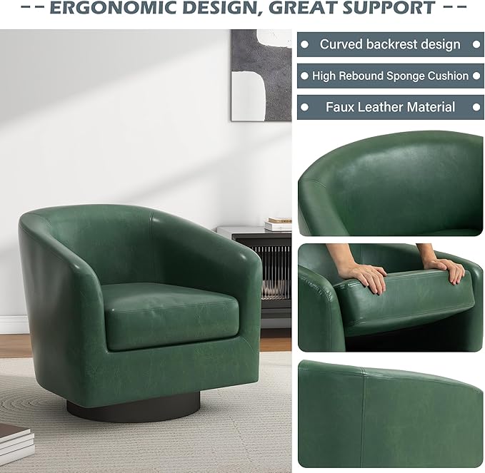 UIXE 360° Swivel Barrel Accent Chair Armchair, PU Leather Round Club Arm Chair for Lving Room, Modern Upholstered Small Bedroom Single Sofa Seat - Green, Set of 4