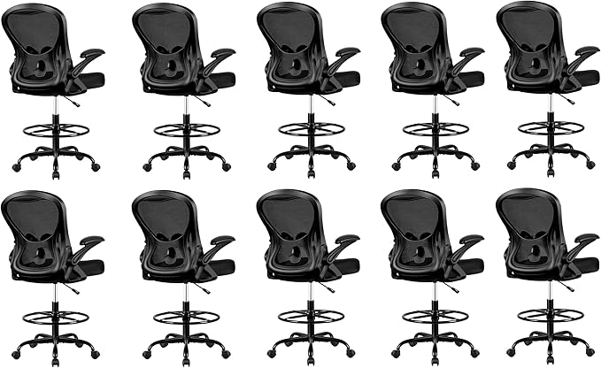 Winrise Drafting Chair, Tall Office Chair Ergonomic Standing Desk Chair, Lumbar Support Computer Chair Swivel Task Rolling Chair with Adjustable Flip-up Armrests Black Pack of 10