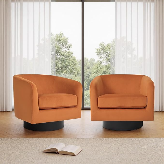 UIXE Swivel Barrel Accent Chairs Set of 2, Velvet Upholstered Armchair Modern Round Club Arm Chair for Living Room, Comfy Single Sofa Seating Bedroom Side Reading Seat for Home Office - Orange