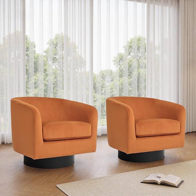 UIXE Swivel Barrel Accent Chairs Set of 2, Velvet Upholstered Armchair Modern Round Club Arm Chair for Living Room, Comfy Single Sofa Seating Bedroom Side Reading Seat for Home Office - Orange
