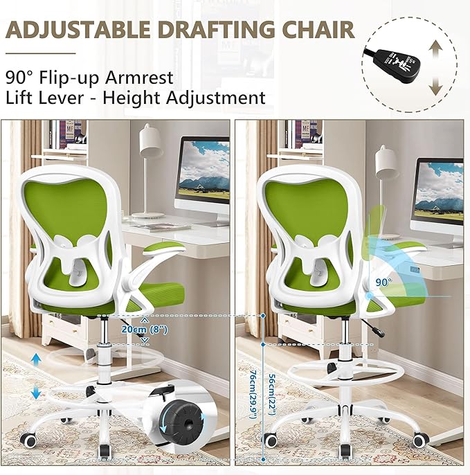 Winrise Ergonomic Drafting Chair with Lumbar Support - Adjustable Height Office Chair for Standing Desks, Flip-Up Armrests & Foot Ring (Green)