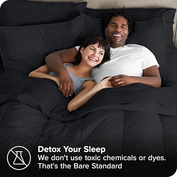 Bare Home Bed-in-A-Bag 7 Piece Comforter & Sheet Set - Queen - Goose Down Alternative - Ultra-Soft 1800 Premium - Bedding Set (Queen, Black/Black)