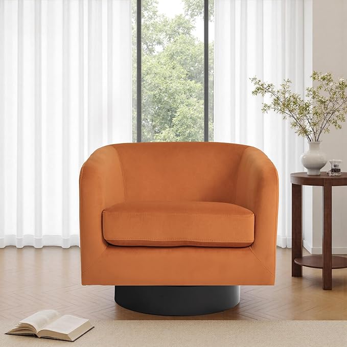 UIXE Swivel Barrel Accent Chair, Velvet Upholstered Armchair Modern Round Club Arm Chair for Living Room, Comfy Single Sofa Seating Bedroom Side Reading Seat for Home Office - Orange