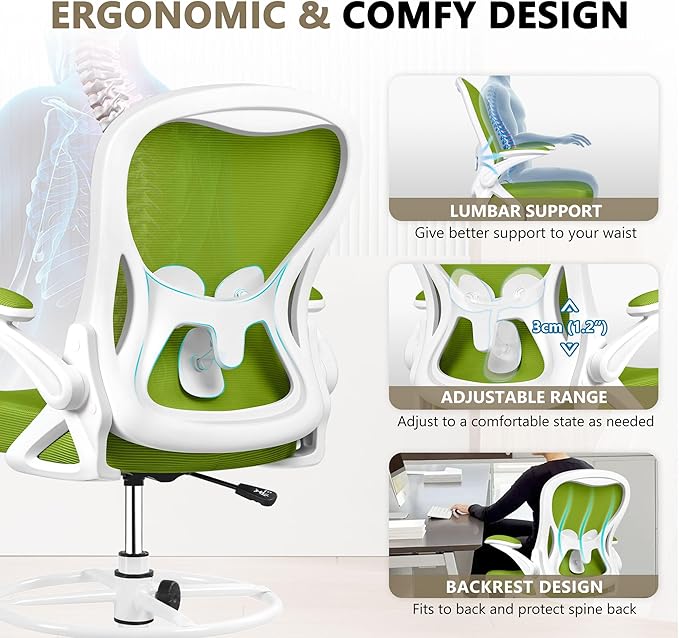 Winrise Ergonomic Drafting Chair with Lumbar Support - Adjustable Height Office Chair for Standing Desks, Flip-Up Armrests & Foot Ring (Green)