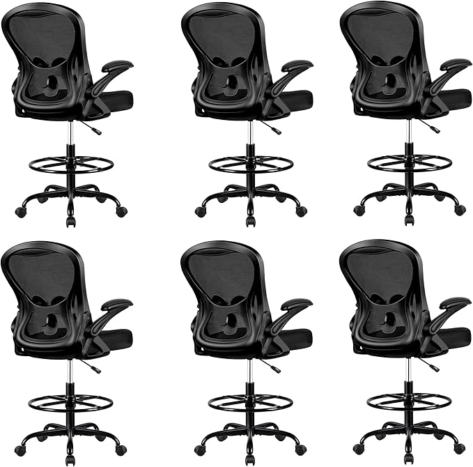 Winrise Drafting Chair, Tall Office Chair Ergonomic Standing Desk Chair, Lumbar Support Computer Chair Swivel Task Rolling Chair with Adjustable Flip-up Armrests Black Pack of 6