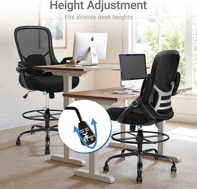 HYLONE 400lbs Big and Tall Heavy Duty Drafting Chair 5" Thickened Seat Tall Office Chair Flip-Up Armrests Ergonomic Chair with Lumbar Support and Adjustable Footrest Ring Standing Desk Chair (Black)