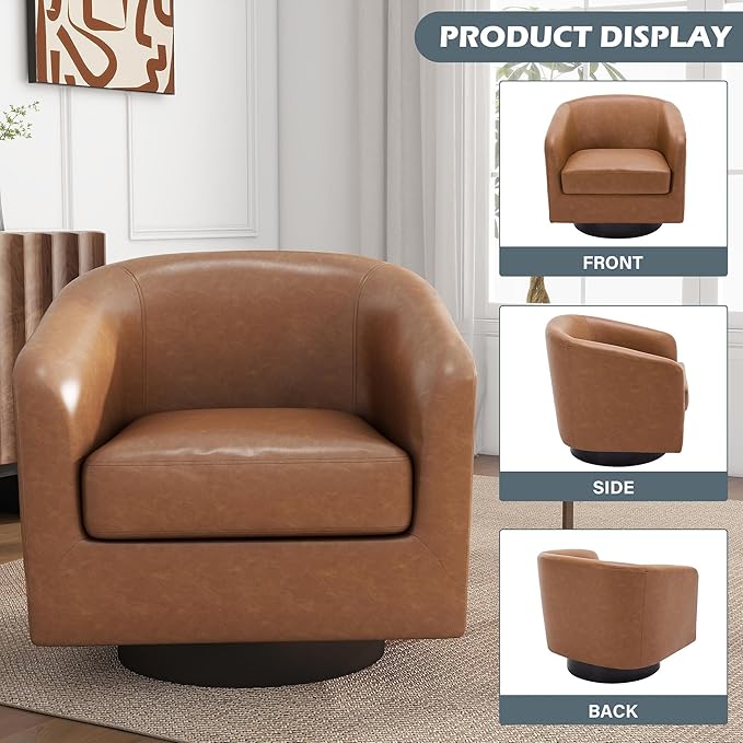 UIXE Faux Leather Swivel Barrel Accent Chair, Upholstered Armchair Club Chair for Living Room, Round Arm Chair Bedroom Single Sofa Reading Seat - Brown