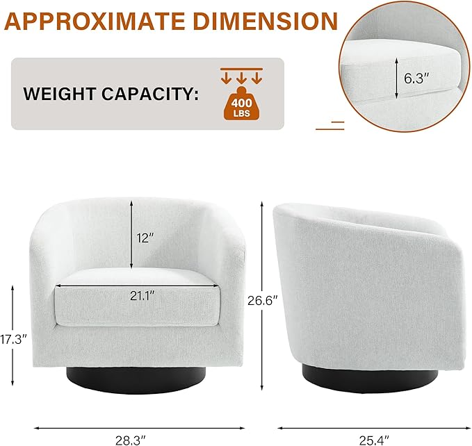 UIXE Swivel Accent Chair, Chenille Barrel Chairs Upholstered Armchair for Living Room, Modern Round Arm Chair Small Single Sofa Bedroom Reading Seat - Light Gray