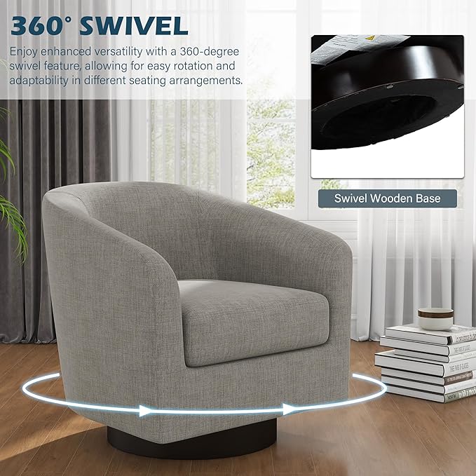 UIXE 360° Swivel Barrel Accent Chair Upholstered Armchair, Modern Round Club Arm Chair Living Room Single Sofa Seating Bedroom Side Reading Seat in Fabric, Flax Khaki