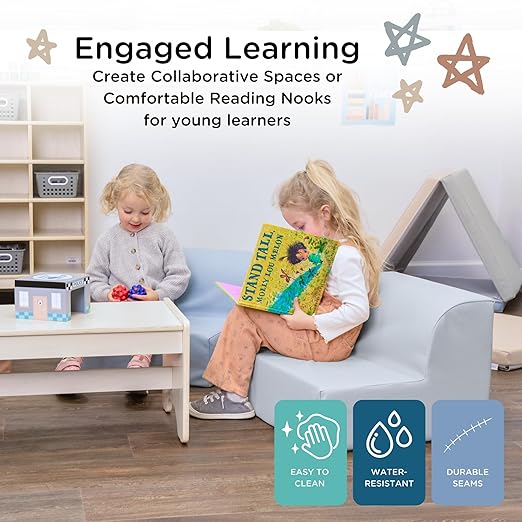 Children's Factory Library Lounger, Flexible Seating Classroom Furniture, Comfy Kids Chairs, Fog Blue, Single Lounger