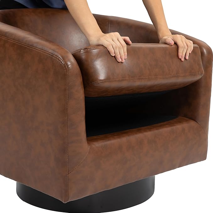 UIXE 360° Swivel Barrel Accent Chair Armchair, Faux Leather Modern Round Club Arm Chair Upholstered Single Sofa Seating Corner Nook Side Reading Seat for Living Room, Office, Bedroom - Coffee Brown