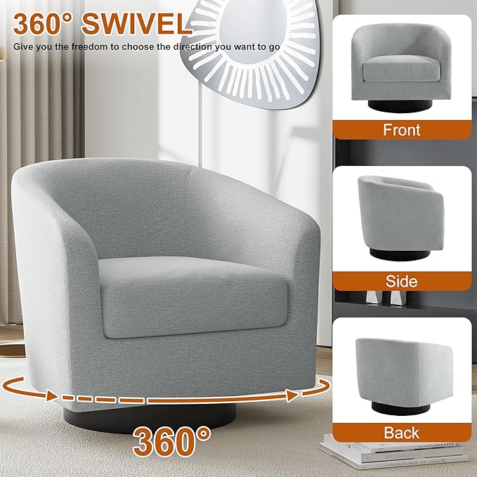 UIXE Swivel Accent Chair, Chenille Barrel Chairs Upholstered Armchair for Living Room, Modern Round Arm Chair Small Single Sofa Bedroom Reading Seat - Light Gray