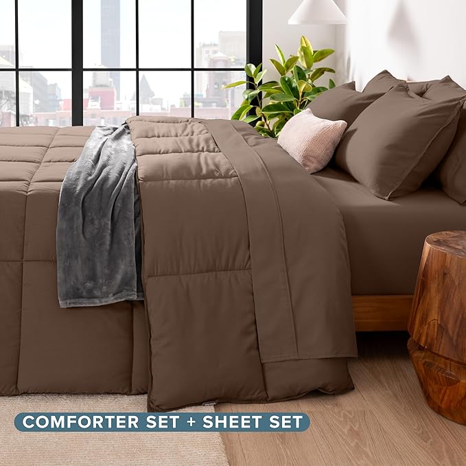 Bare Home Bed-in-A-Bag 5 Piece Comforter & Sheet Set - Twin XL - Goose Down Alternative - Ultra-Soft 1800 Premium Bed Set (Twin XL, Cocoa/Cocoa)
