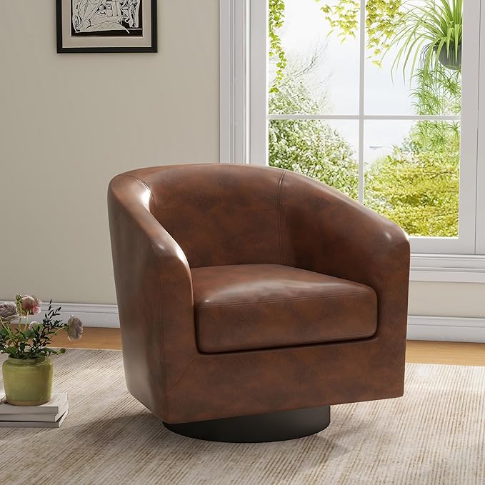UIXE 360° Swivel Barrel Accent Chair Armchair, Faux Leather Modern Round Club Arm Chair Upholstered Single Sofa Seating Corner Nook Side Reading Seat for Living Room, Office, Bedroom - Coffee Brown