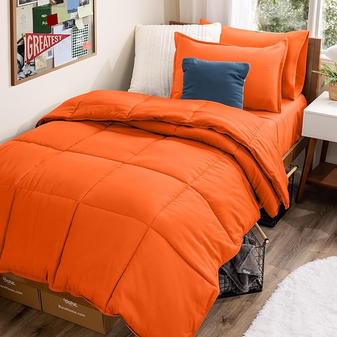 Bare Home Bed-in-A-Bag 5 Piece Comforter & Sheet Set - Twin XL - Goose Down Alternative - Ultra-Soft 1800 Premium Bed Set (Twin XL, Orange/Orange)