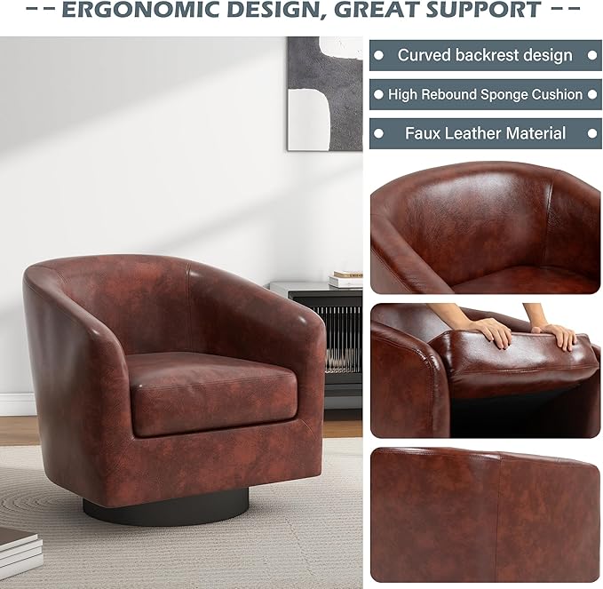 UIXE Swivel Accent Chairs Set of 2, Faux Leather Upholstered Armchair Barrel Club Chair for Living Room, Round Arm Chair Bedroom Single Sofa Reading Seat - Red Brown