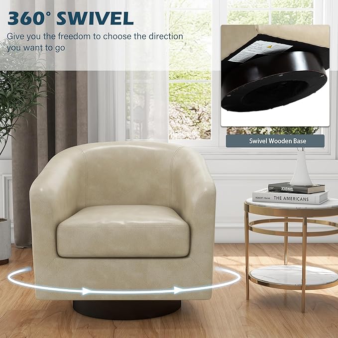 UIXE Swivel Barrel Accent Chairs Set of 2, Faux Leather Club Chair Upholstered Armchair for Living Room, Modern Arm Chair Small Single Sofa Bedroom Side Reading Seat - Cream