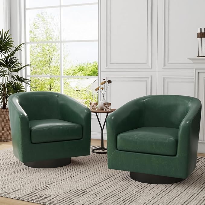 UIXE Faux Leather Swivel Accent Chairs, Modern Upholstered Barrel Club Chair for Living Room, Round Armchair Single Sofa Bedroom Side Reading Seat - Green, Set of 2