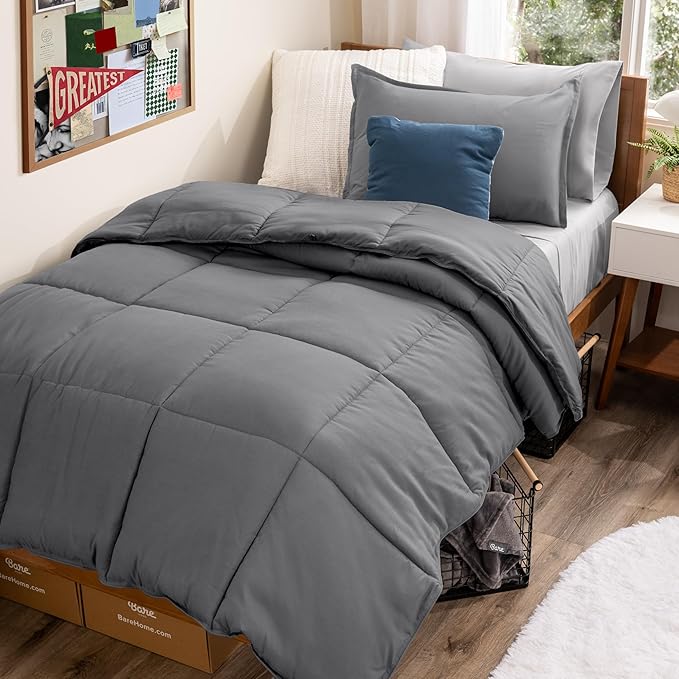 Bare Home Bed-in-A-Bag 5 Piece Comforter & Sheet Set - Twin XL - Goose Down Alternative - Ultra-Soft 1800 Premium Bedding Set (Twin XL, Grey/Light Grey)