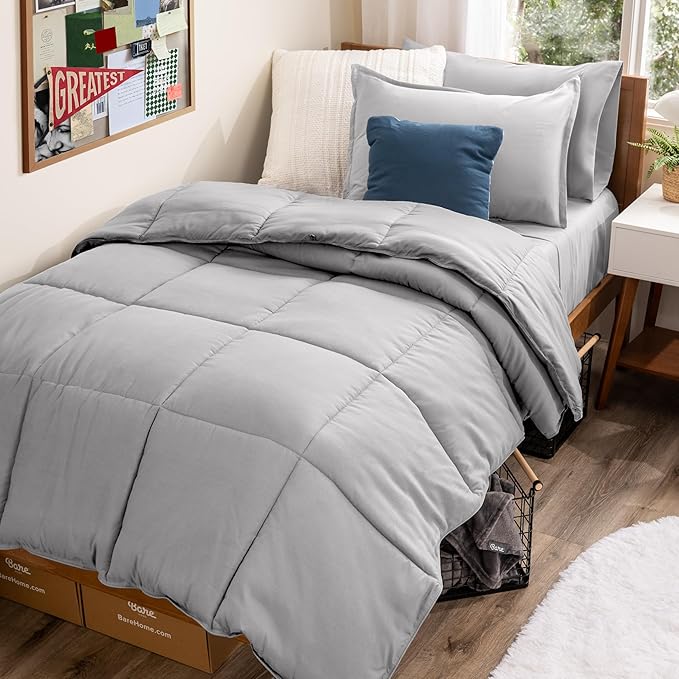 Bare Home Bed-in-A-Bag 5 Piece Comforter & Sheet Set - Twin - Goose Down Alternative - Ultra-Soft 1800 Premium Bed Set (Twin, Light Grey/Light Grey)