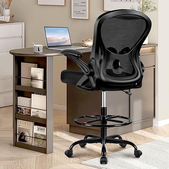Winrise Drafting Chair, Tall Office Chair Ergonomic Standing Desk Chair, Lumbar Support Computer Chair Swivel Task Rolling Chair with Adjustable Flip-up Armrests Black Pack of 4