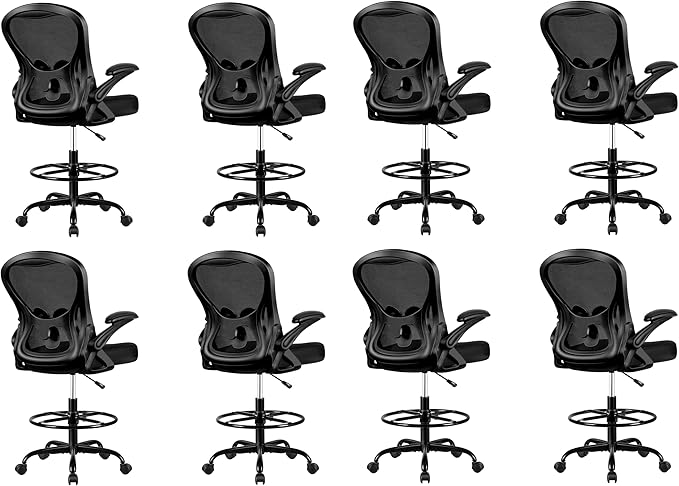 Winrise Drafting Chair, Tall Office Chair Ergonomic Standing Desk Chair, Lumbar Support Computer Chair Swivel Task Rolling Chair with Adjustable Flip-up Armrests Black Pack of 8