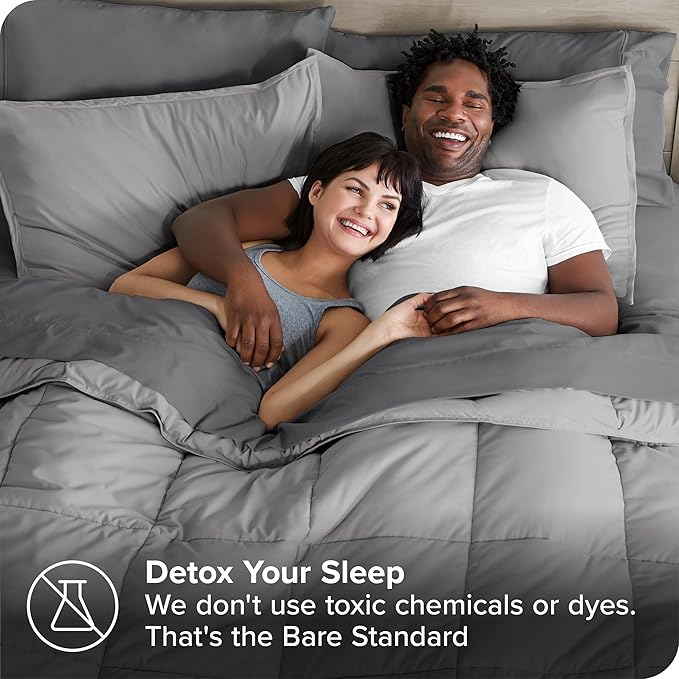 Bare Home Bed-in-A-Bag 8 Piece Comforter & Sheet Set - Split California King - Goose Down Alternative - Ultra-Soft 1800 Premium Bedding Set (Split Cal King, Light Grey/Grey)