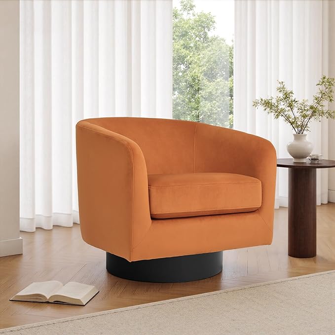 UIXE Swivel Barrel Accent Chair, Velvet Upholstered Armchair Modern Round Club Arm Chair for Living Room, Comfy Single Sofa Seating Bedroom Side Reading Seat for Home Office - Orange