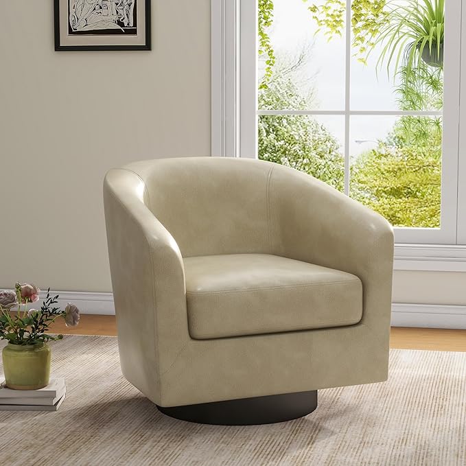 UIXE Swivel Barrel Accent Chairs Set of 2, Faux Leather Club Chair Upholstered Armchair for Living Room, Modern Arm Chair Small Single Sofa Bedroom Side Reading Seat - Cream