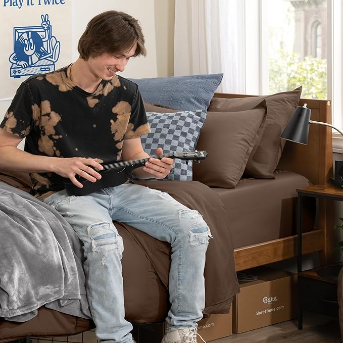 Bare Home Bed-in-A-Bag 5 Piece Comforter & Sheet Set - Twin XL - Goose Down Alternative - Ultra-Soft 1800 Premium Bed Set (Twin XL, Cocoa/Cocoa)