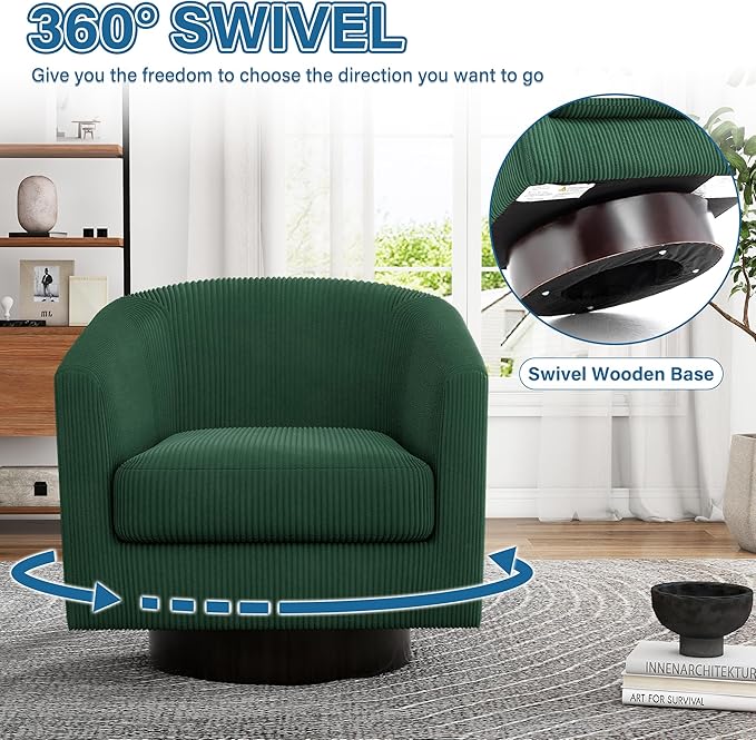 UIXE Swivel Accent Chairs Set of 2, Barrel Chair Corduroy Upholstered Armchair for Living Room, Small Single Sofa Bedroom Reading Seat - Dark Green