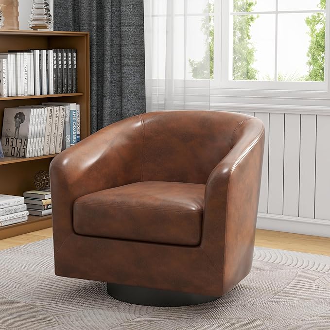 UIXE 360° Swivel Barrel Accent Chair Armchair, Faux Leather Modern Round Club Arm Chair Upholstered Single Sofa Seating Corner Nook Side Reading Seat for Living Room, Office, Bedroom - Coffee Brown