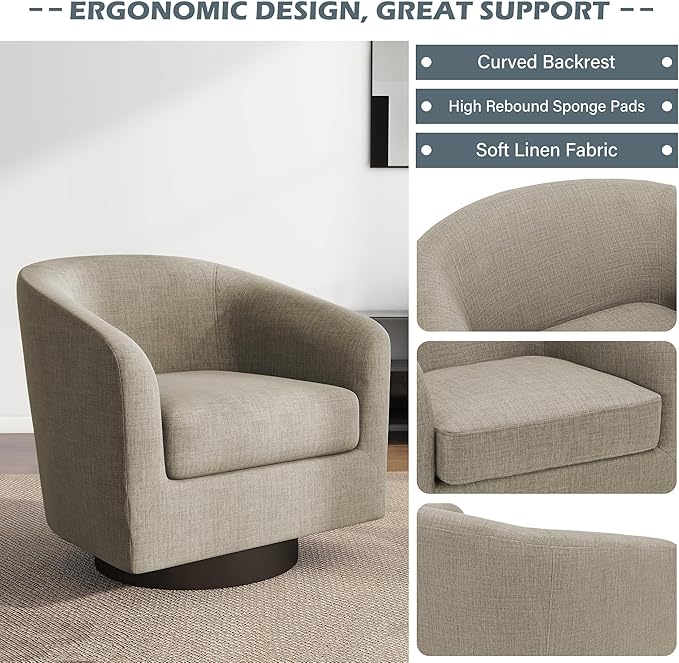 UIXE Swivel Barrel Accent Chairs Set of 2, Fabric Upholstered Armchair Modern Round Club Arm Chair for Living Room, Comfy Single Sofa Seating Bedroom Side Reading Seat for Home Office - Light Brown