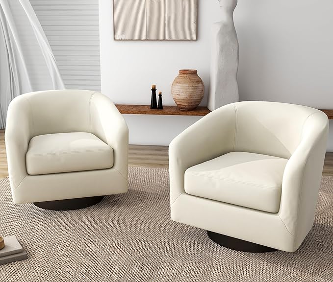 UIXE Swivel Barrel Accent Chairs Set of 2, Fabric Upholstered Armchair Modern Round Club Arm Chair for Living Room, Comfy Single Sofa Seating Bedroom Side Reading Seat - Beige