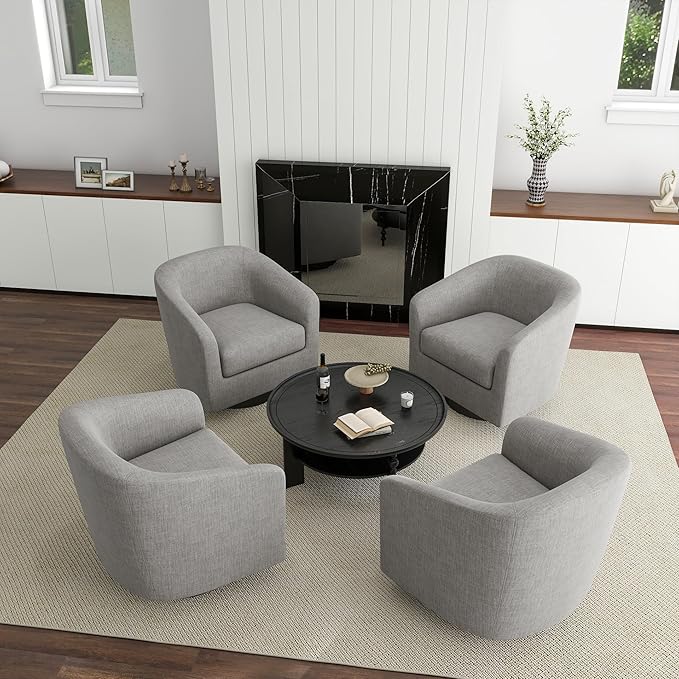 UIXE Swivel Barrel Accent Chair Armchair, Round Club Arm Chair in Fabric for Lving Room, Modern Upholstered Small Bedroom Single Sofa Side Seat, Set of 4, Light Gray