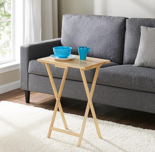 (2 Pcs) 26" Folding Tray Tables, Solid Rubberwood, Small Folding Table,Natural Wood Finish