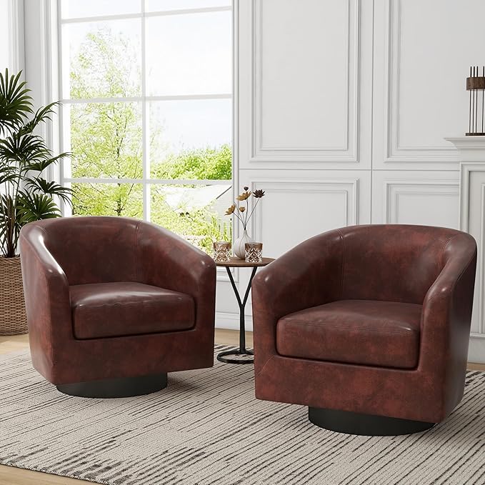 UIXE Swivel Accent Chairs Set of 2, Faux Leather Upholstered Armchair Barrel Club Chair for Living Room, Round Arm Chair Bedroom Single Sofa Reading Seat - Red Brown
