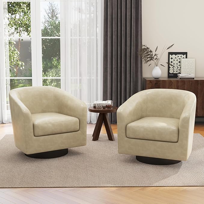 UIXE Swivel Barrel Accent Chairs Set of 2, Faux Leather Club Chair Upholstered Armchair for Living Room, Modern Arm Chair Small Single Sofa Bedroom Side Reading Seat - Cream