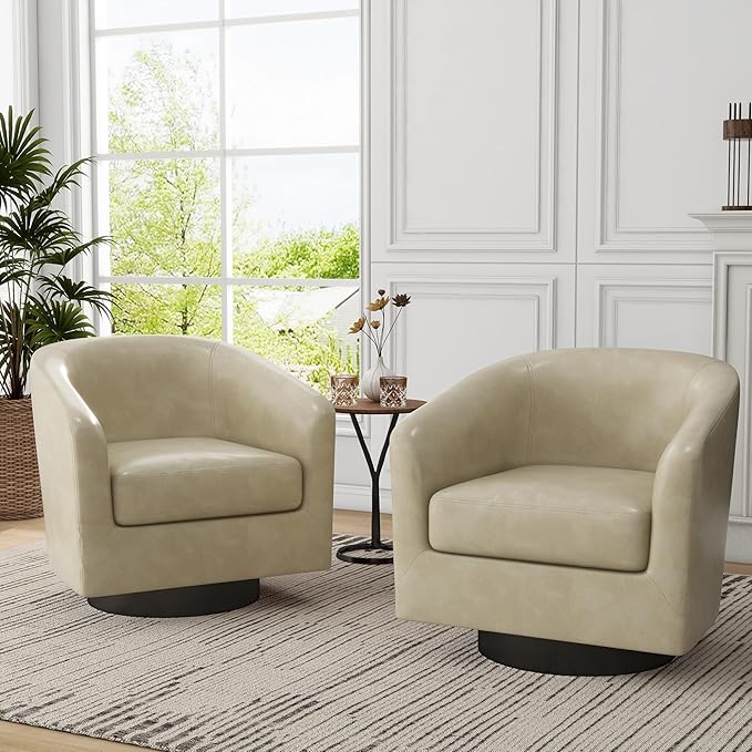 UIXE Swivel Barrel Accent Chairs Set of 2, Faux Leather Club Chair Upholstered Armchair for Living Room, Modern Arm Chair Small Single Sofa Bedroom Side Reading Seat - Cream