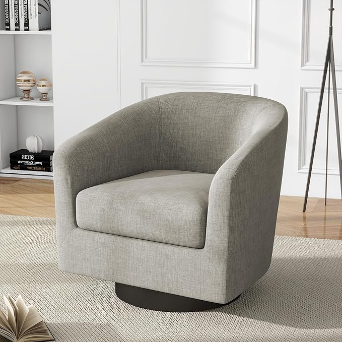 UIXE 360° Swivel Barrel Accent Chair Upholstered Armchair, Modern Round Club Arm Chair Living Room Single Sofa Seating Bedroom Side Reading Seat in Fabric, Flax Khaki