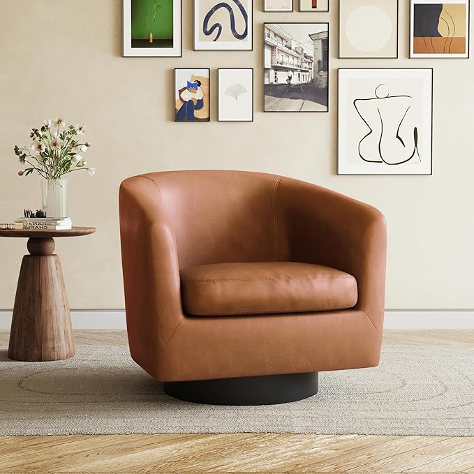 UIXE 360° Swivel Barrel Accent Chair Armchair, PU Leather Round Club Arm Chair for Lving Room, Modern Upholstered Small Bedroom Single Sofa Seat - Brown, Set of 1