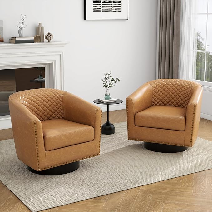 UIXE Swivel Accent Chairs Set of 4, PU Leather Barrel Club Chair for Living Room, Upholstered Round Armchair Comfy Single Sofa Bedroom Reading Seat - Coffee