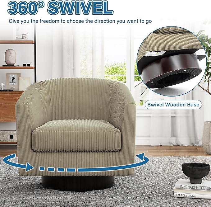 UIXE Swivel Accent Chair, Upholstered Corduroy Barrel Chair for Living Room, Small Single Sofa Bedroom Reading Seat, Set of 4, Camel